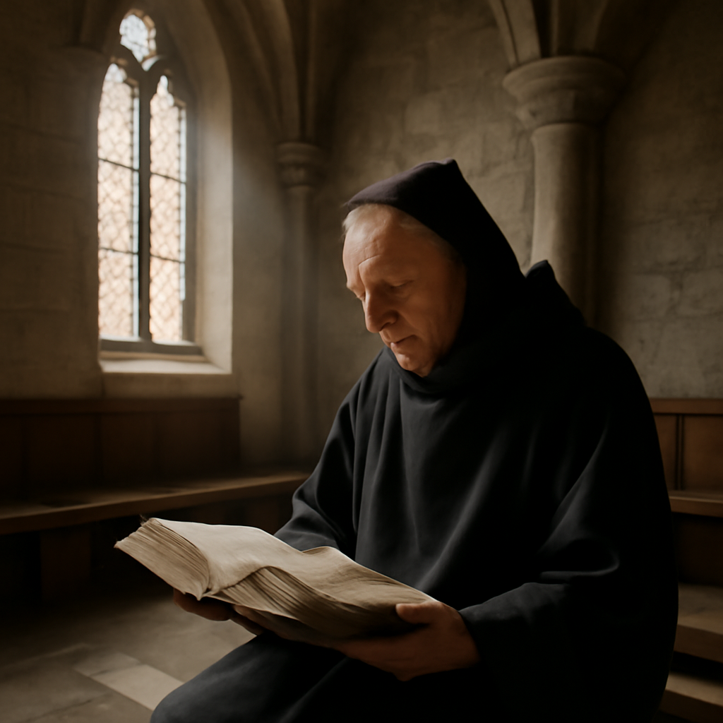 Moine en habit noir lisant un livre ancien dans une salle du chapitre en pierre, lumière douce traversant un vitrail gothique