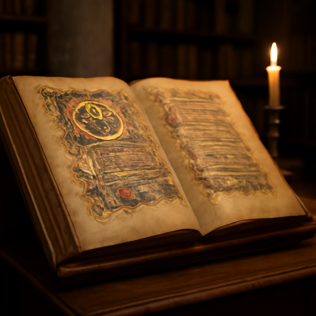 Manuscrit enluminé médiéval ouvert sur un pupitre de bois dans une bibliothèque monastique, enluminures aux feuilles d'or et bougie allumée