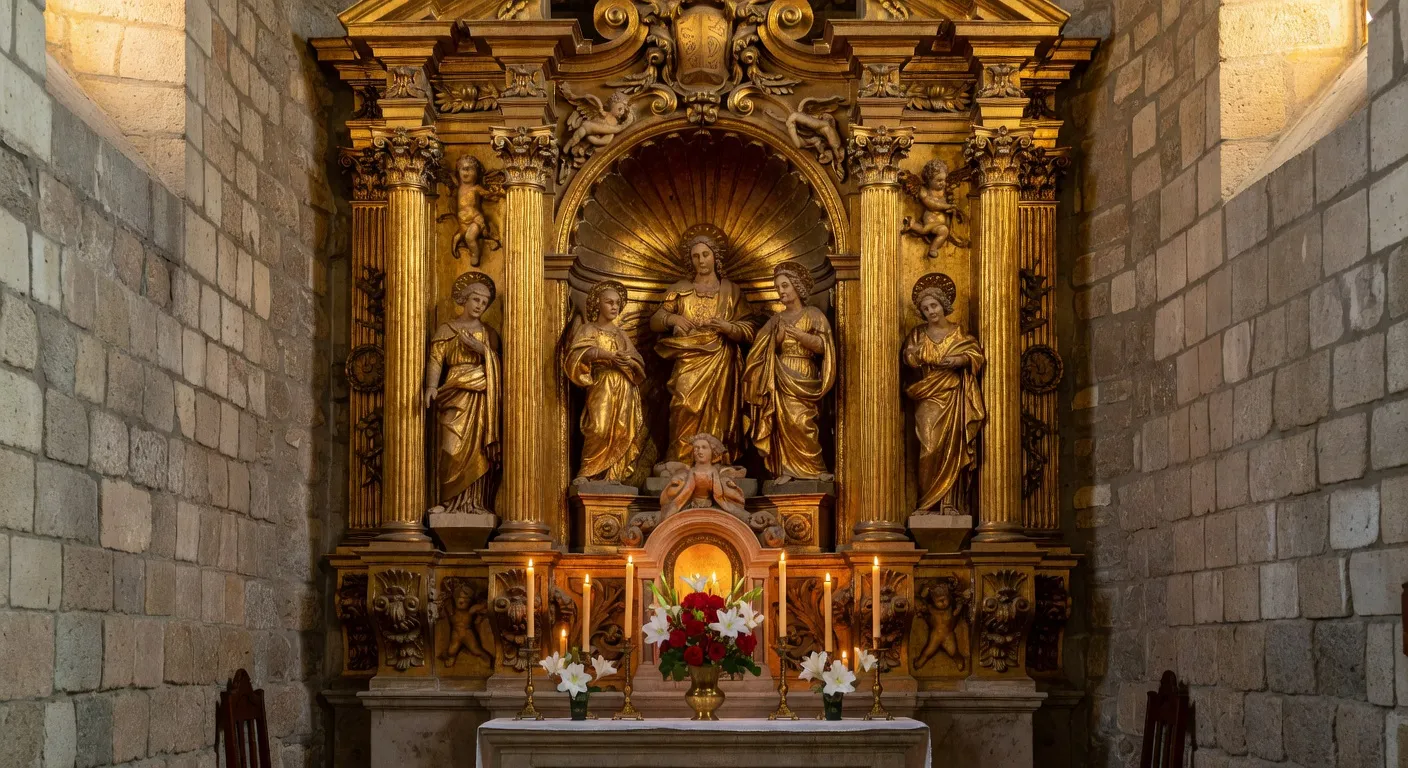 Retable baroque doré du chœur de l'église de Saint-Genix-sur-Guiers avec ses colonnes torses et ses sculptures de saints