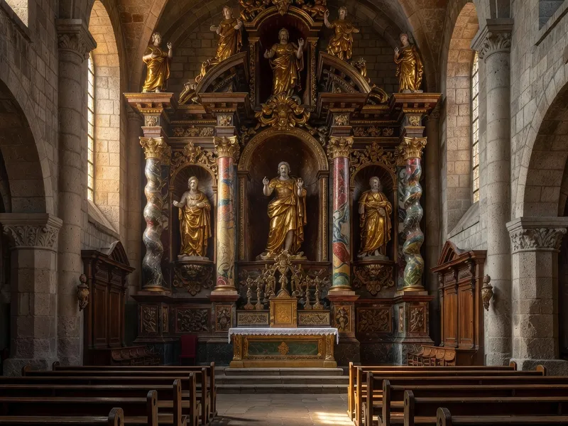 Vue rapprochée du retable baroque doré du maître-autel de l'église de Saint-Genix-sur-Guiers, colonnes torses et sculptures de saints