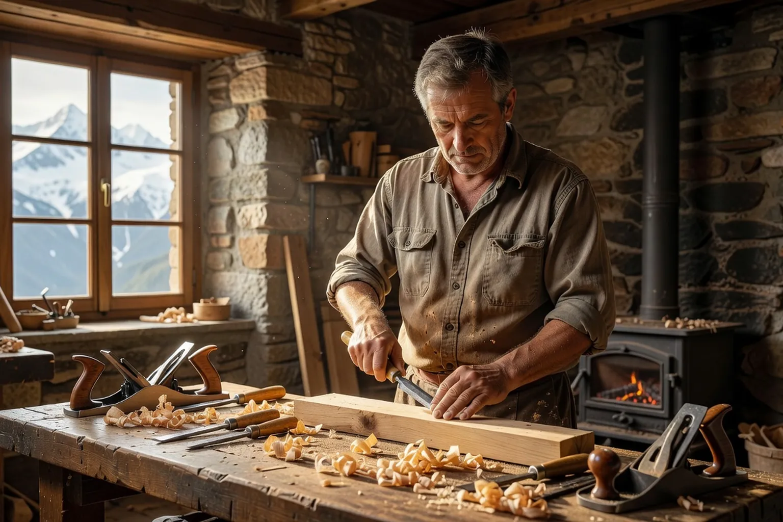 Artisan charpentier d'âge mûr travaillant le bois à l'établi dans un atelier de montagne, copeaux et outils à main, lumière chaude de la fenêtre