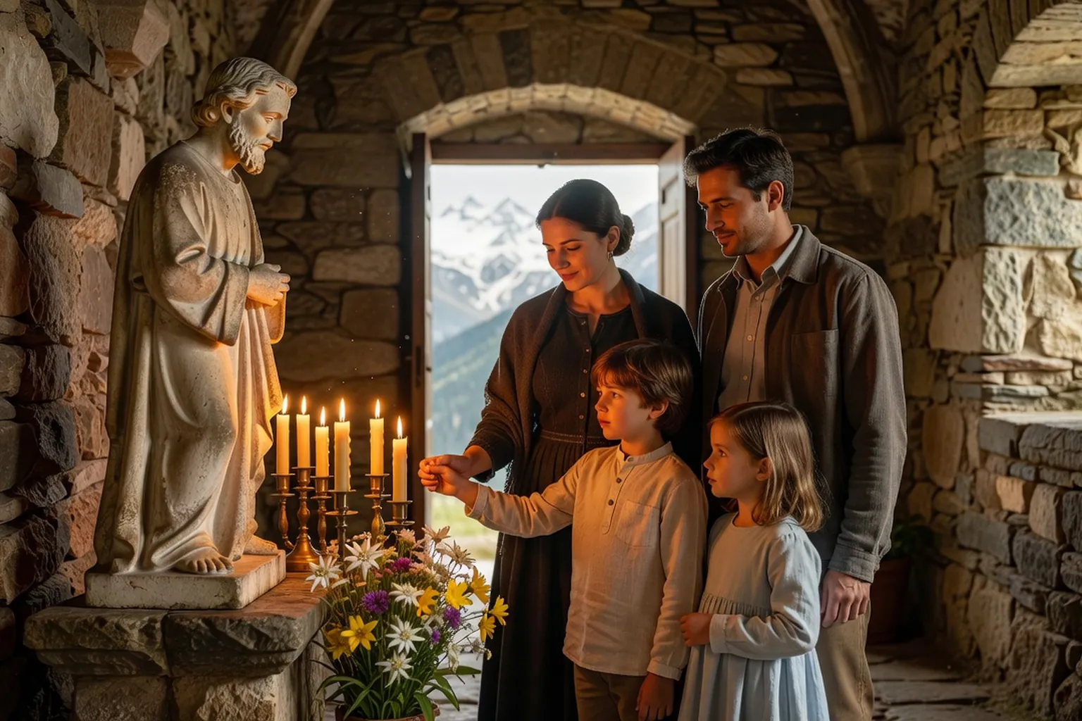 Jeune famille catholique allumant un cierge devant une statue de saint Joseph dans une église de village en Savoie, mère guidant la main d'un enfant