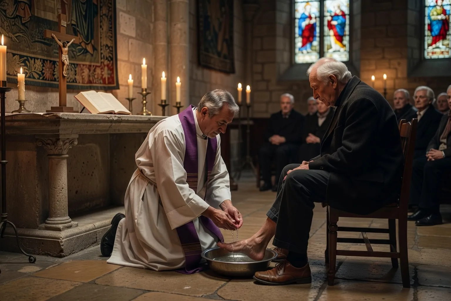 Rite du lavement des pieds lors de la messe de la Cène du Jeudi Saint, prêtre agenouillé devant un fidèle, église savoyarde