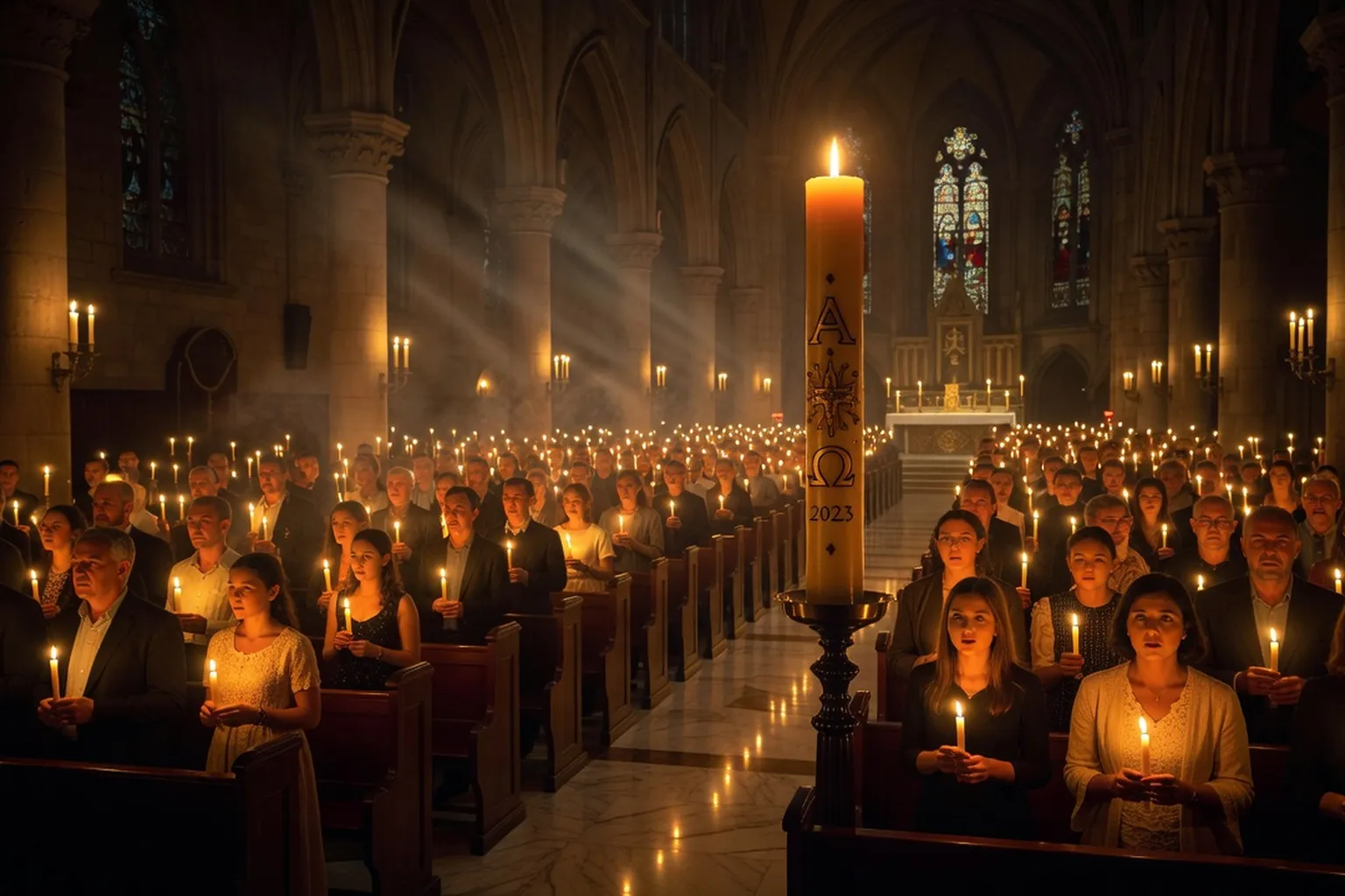 Vigile Pascale dans une église savoyarde, fidèles tenant des cierges allumés dans l'obscurité, lumière chaude du Cierge Pascal