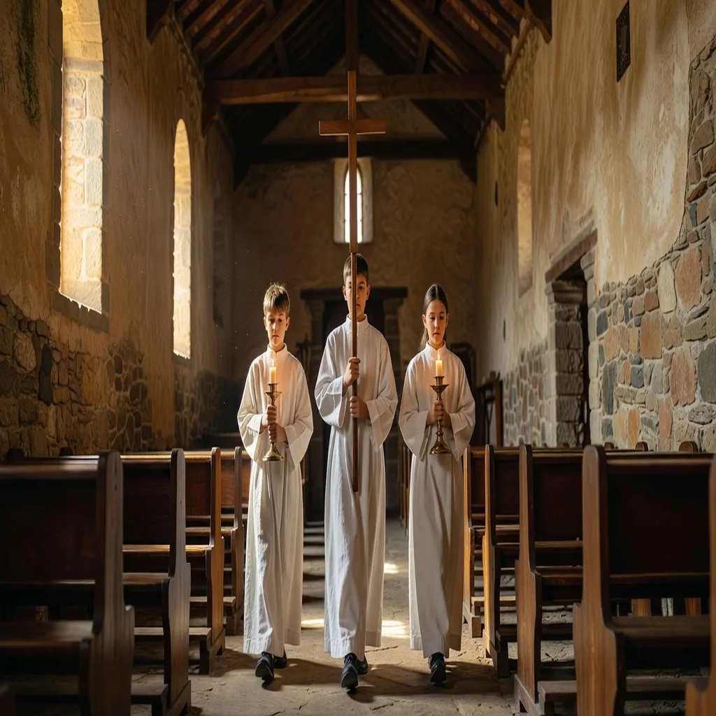 Groupe de servants d'autel en aube portant croix et cierges lors d'une procession de sortie dans une église de village