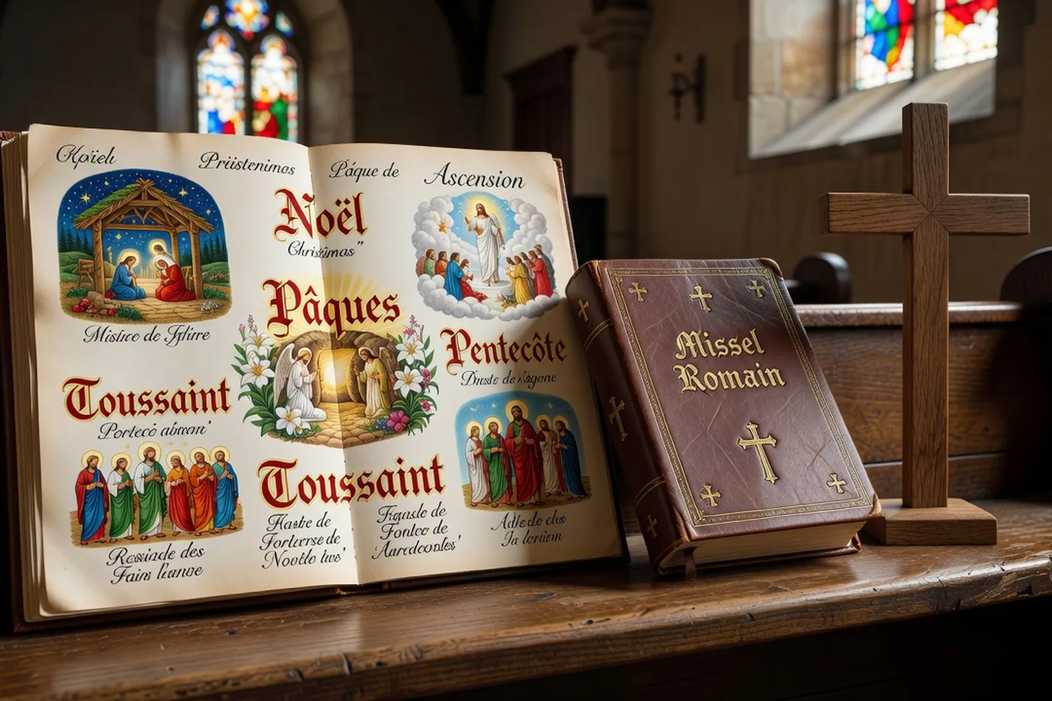 Calendrier liturgique catholique illustré avec les grandes fêtes, à côté d'un missel et d'une croix, style photoréaliste