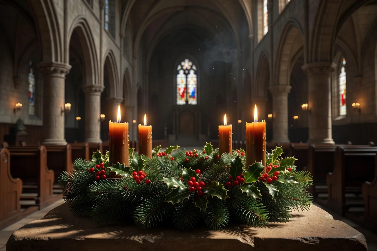 Couronne de l'Avent avec quatre bougies dans une église catholique française, décor de pin et de houx, lumière de bougie chaude