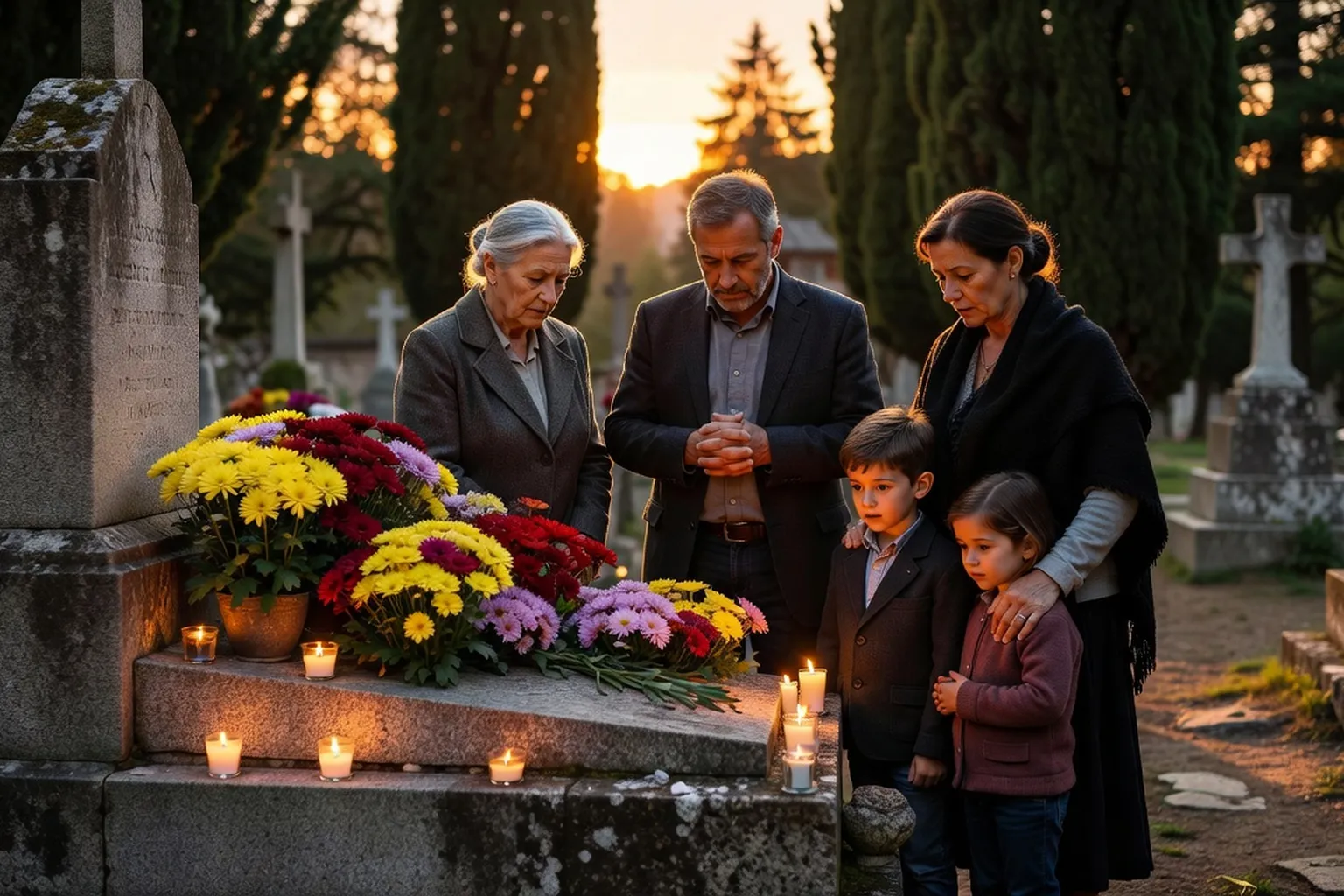 Famille en prière devant une tombe fleurie de chrysanthèmes dans un cimetière savoyard, bougies allumées au coucher du soleil