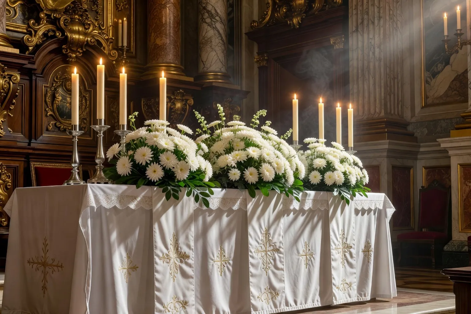 Autel de l'église fleuri de chrysanthèmes blancs pour la messe de la Toussaint, cierges allumés, ornements liturgiques blancs