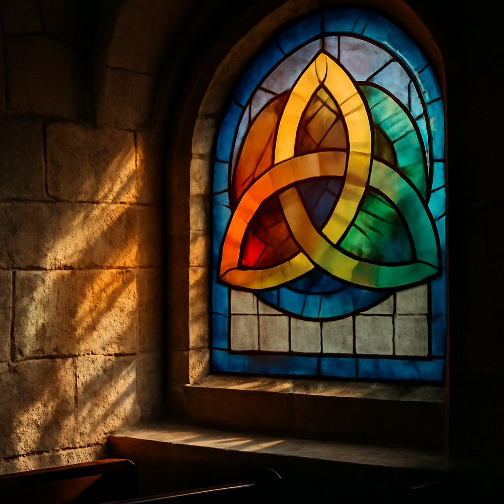 Vitrail représentant le symbole de la Trinité, trois formes entrelacées de verre coloré illuminées par la lumière du soleil
