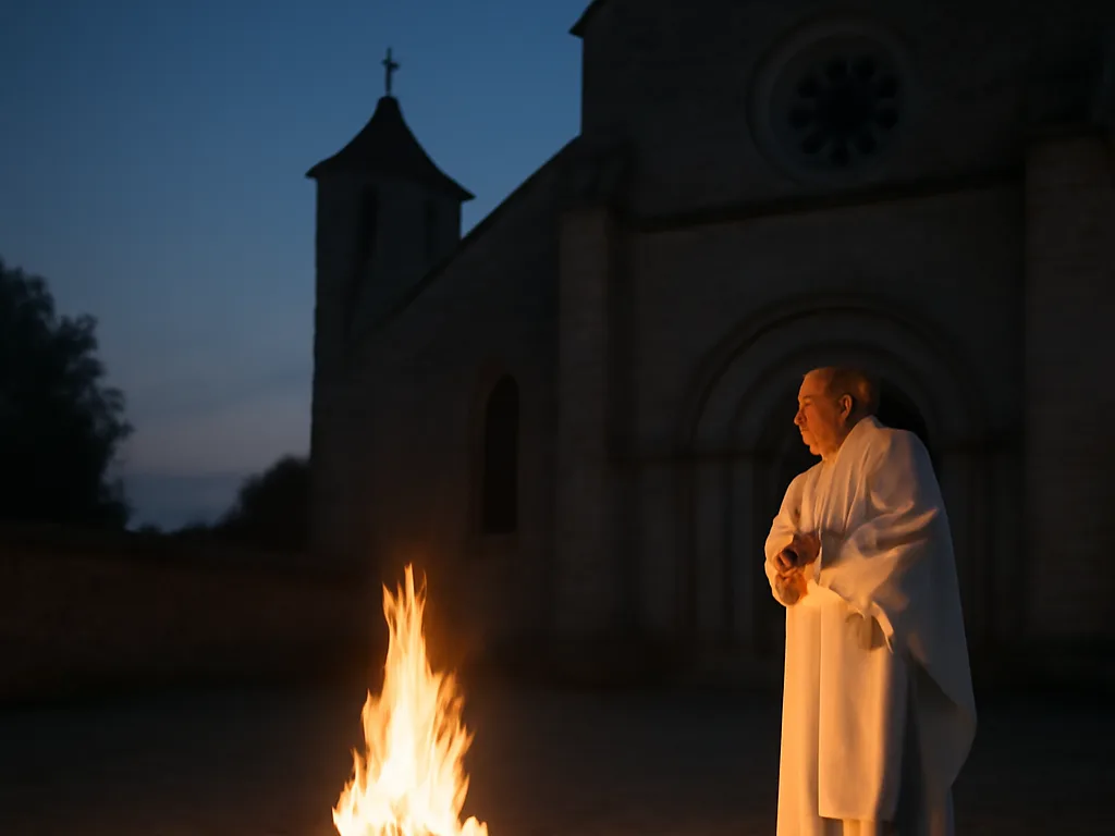 Prêtre bénissant le feu nouveau devant l'église dans l'obscurité, flamme vive contrastant avec la nuit