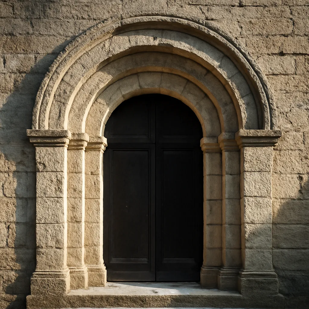 Arc en plein cintre roman en pierre taillée, entrée d'une église savoyarde du XIe siècle