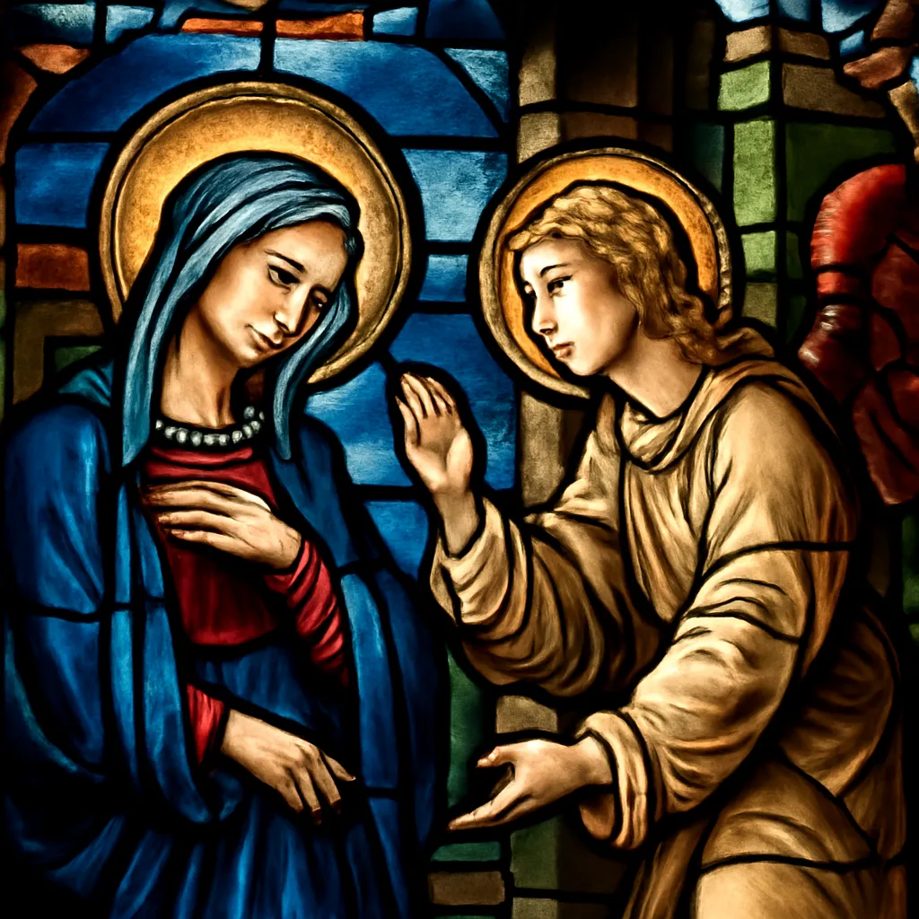 Détail de vitrail coloré représentant une scène biblique dans une église savoyarde, lumière du matin