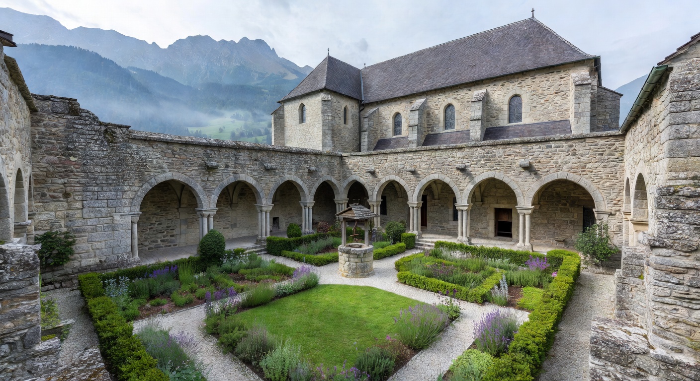 Vue d'ensemble de l'abbaye de La Rochette nichee dans la vallee savoyarde