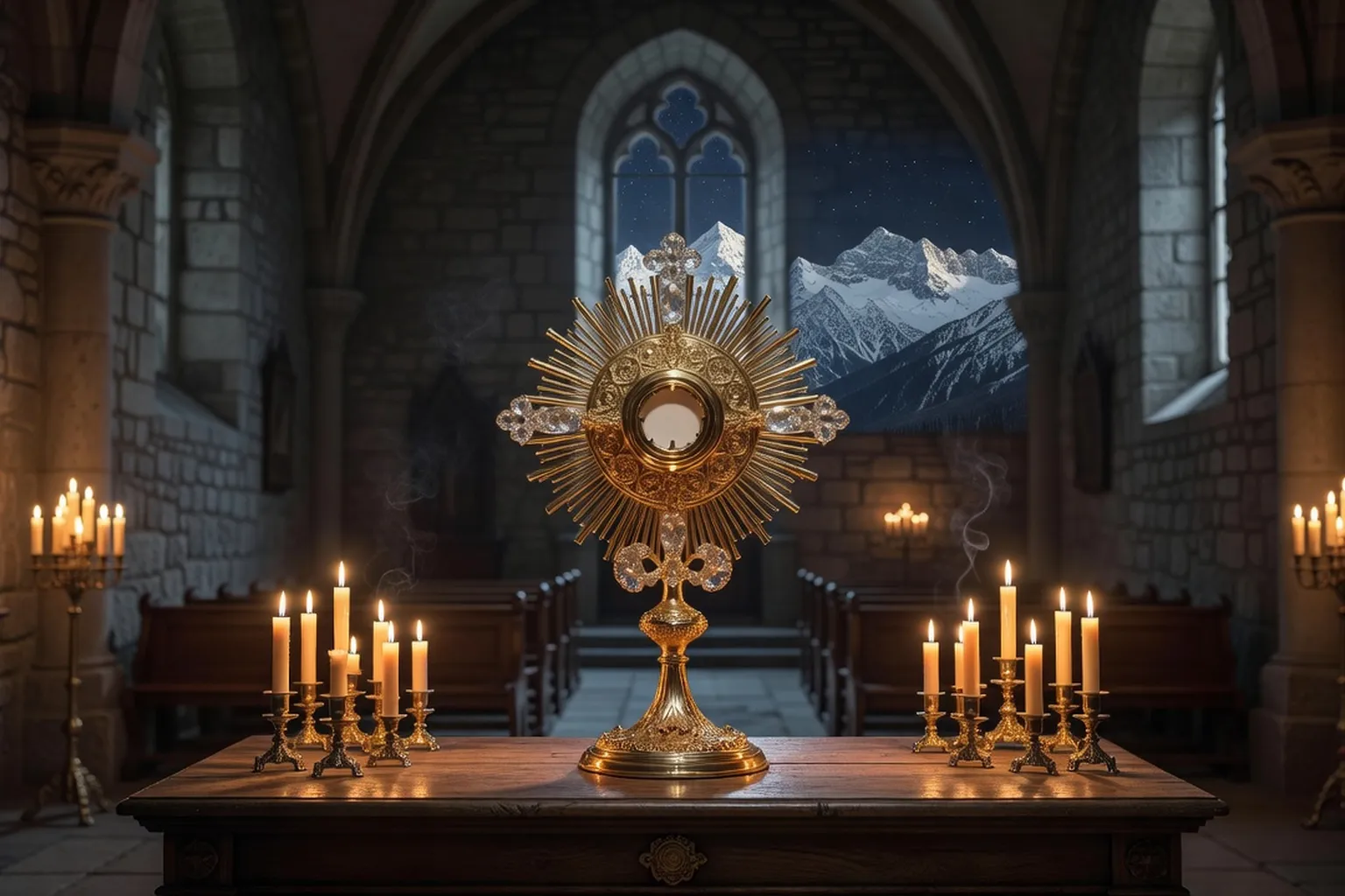 Ostensoir doré exposé sur l'autel d'une église savoyarde de nuit, cierges allumés, silence recueilli de l'adoration eucharistique