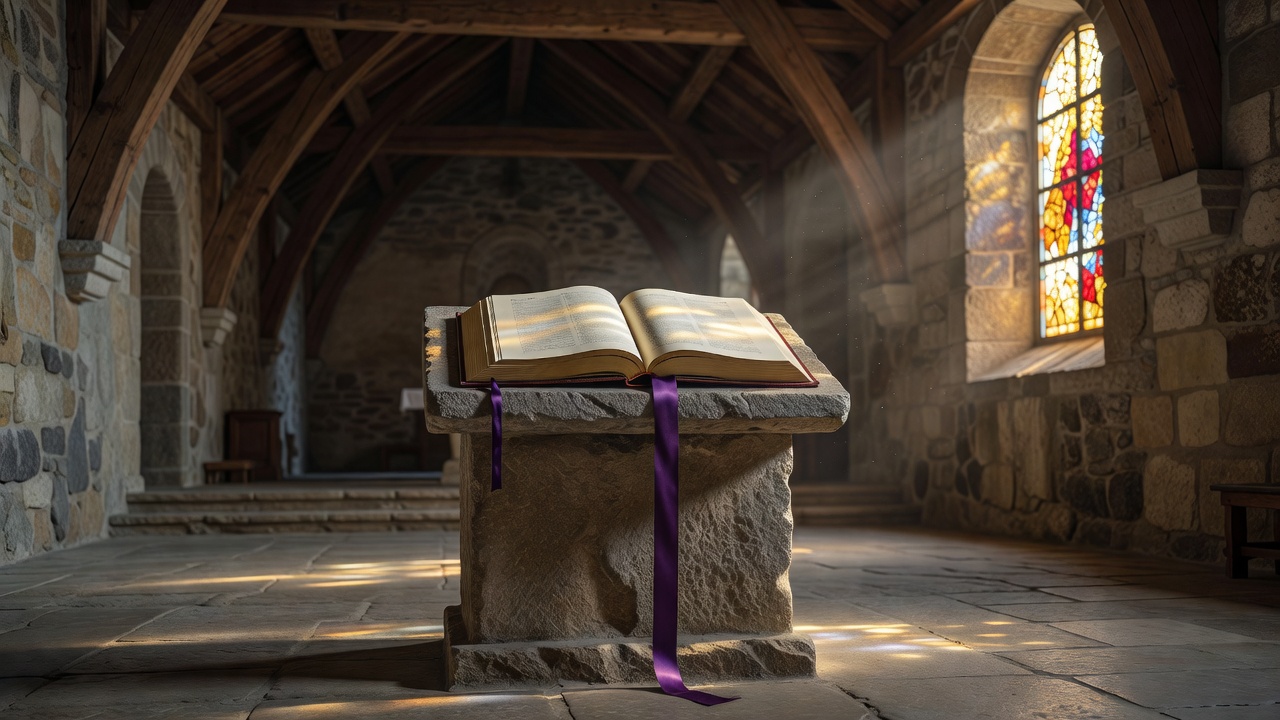 Lectionnaire ouvert sur l'ambon d'une église savoyarde, lumière douce filtrée par un vitrail