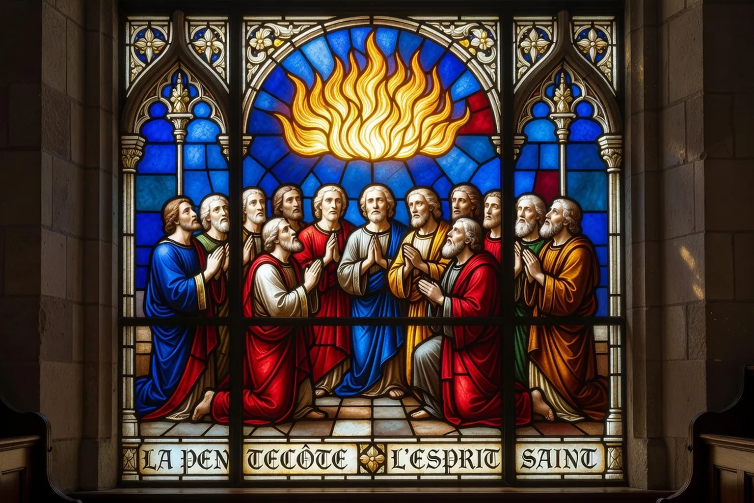 Vitrail représentant la Pentecôte avec des flammes dorées de l'Esprit Saint au-dessus des apôtres, couleurs vives