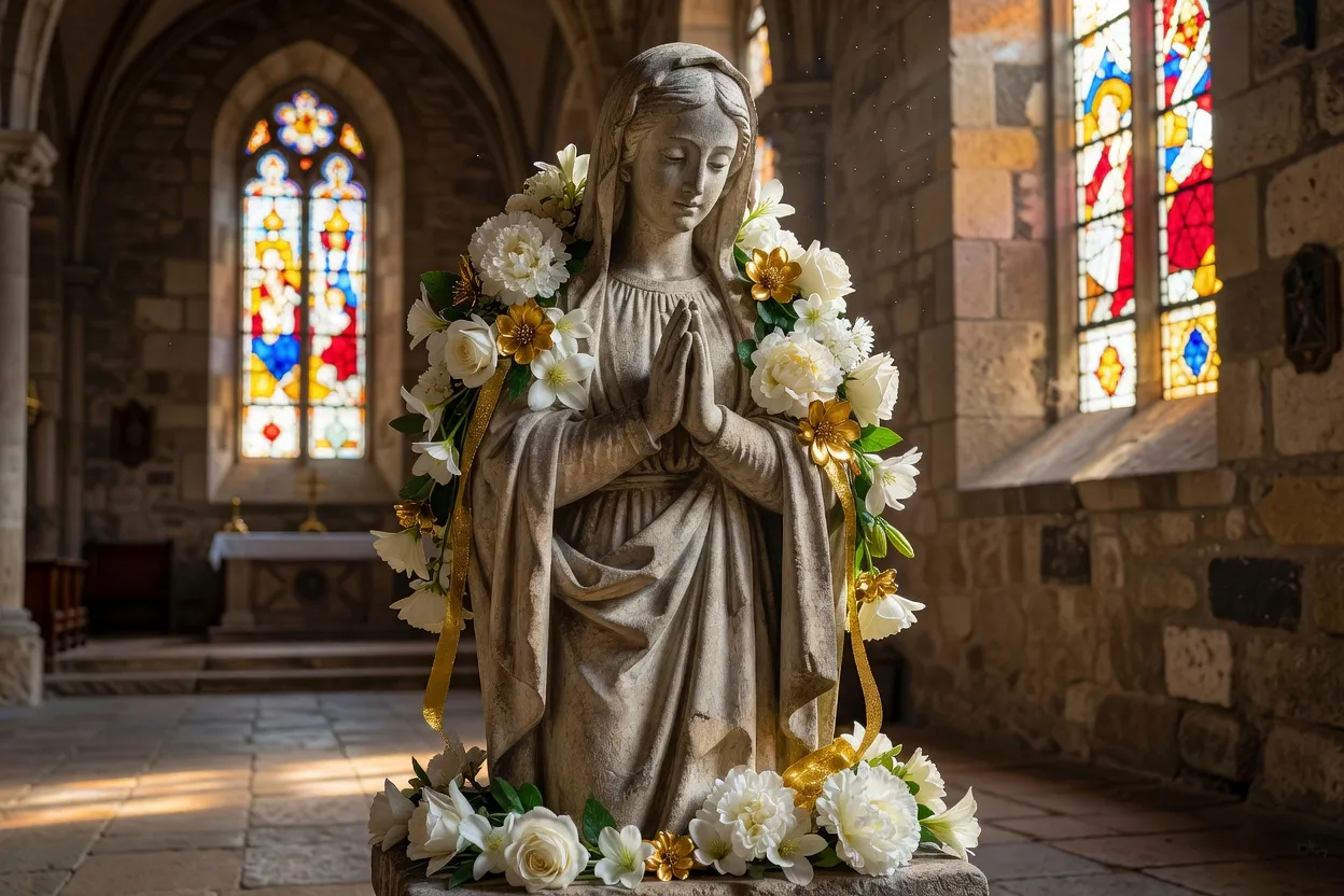 Statue de la Vierge Marie ornée de fleurs bénites lors de la fête de l'Assomption dans une église savoyarde