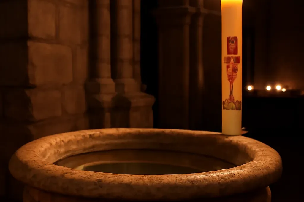 Cierge pascal allumé et eau baptismale versée dans les fonts baptismaux lors d'une vigile pascale