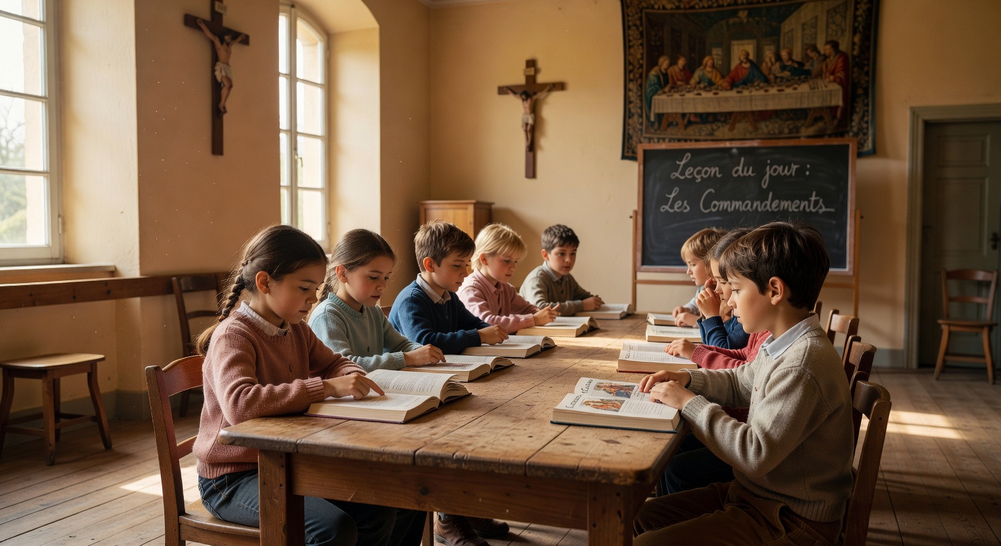 Enfants participant a une seance de catechisme dans une eglise de Savoie