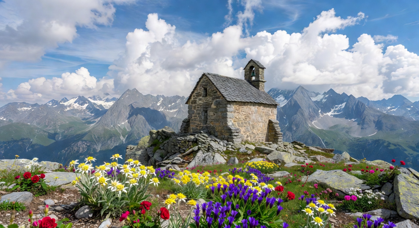 Chapelle de montagne en pierre au sommet d'un alpage en Savoie avec les Alpes en arriere-plan