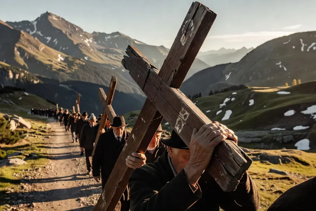 Croix de procession en bois portée par des fidèles lors du chemin de croix du Vendredi Saint dans un village savoyard