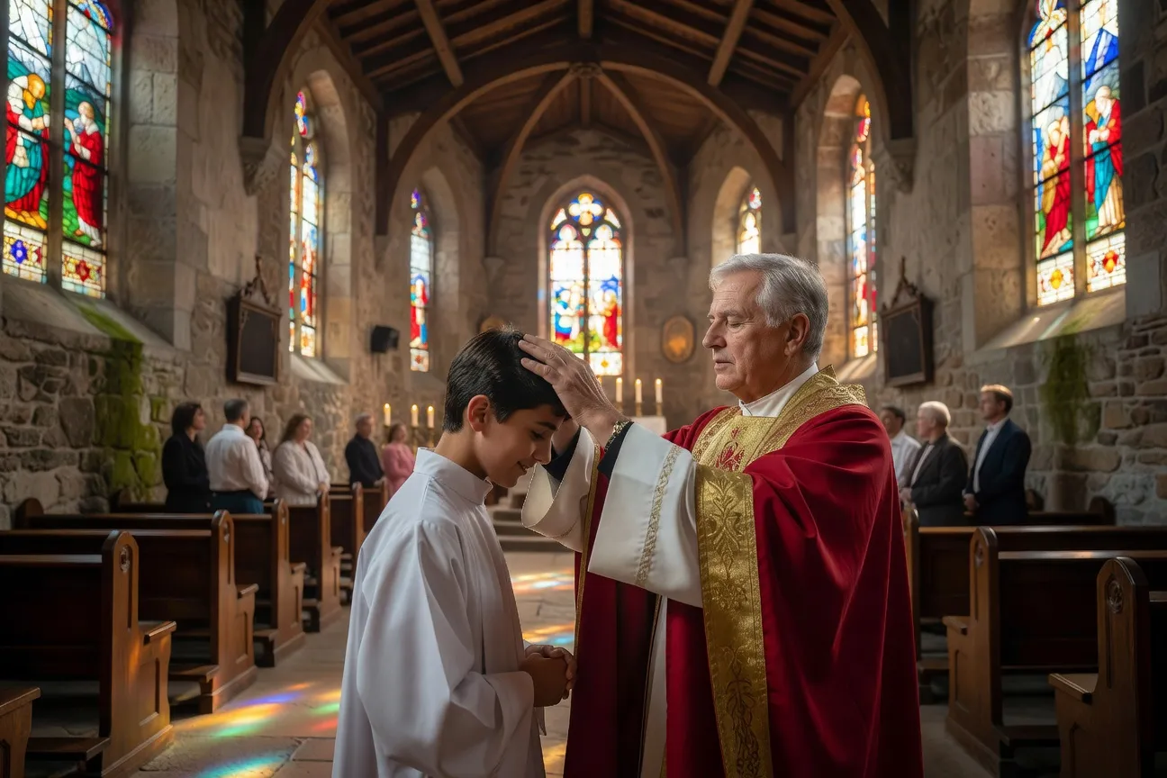 Évêque imposant les mains sur un jeune lors de la cérémonie de confirmation dans une église savoyarde