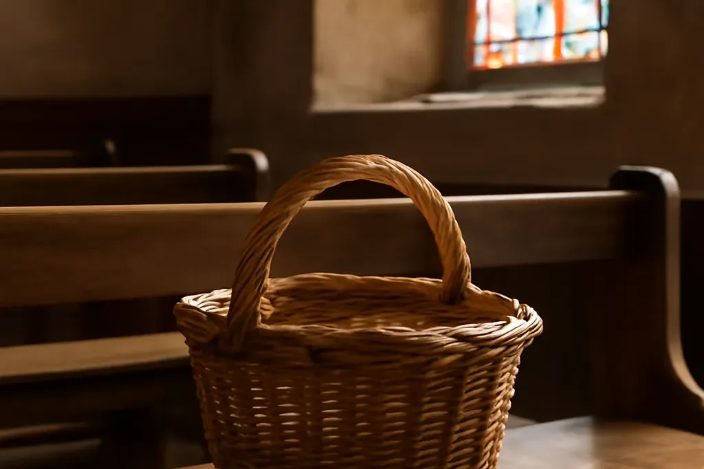 Panier d'offrande en osier posé sur un banc d'église savoyarde, lumière douce filtrant par un vitrail