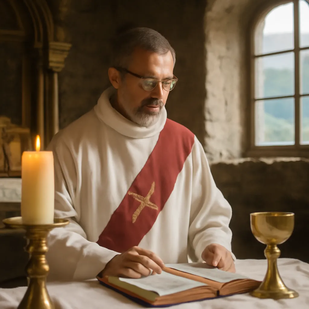 Diacre permanent en aube et étole bénissant l'assemblée dans une église rurale de l'Avant-Pays savoyard