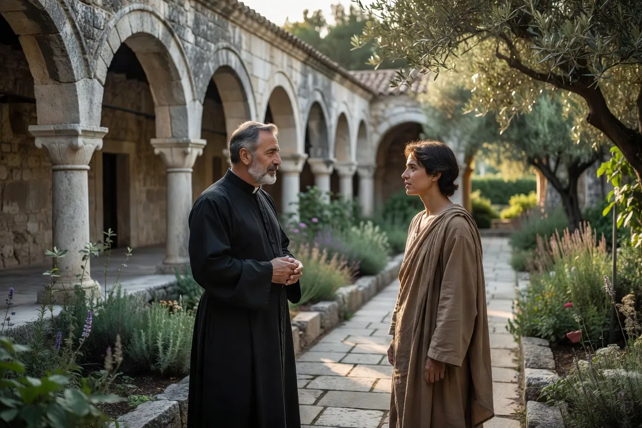 Prêtre et fidèle en conversation dans un cloître de monastère avec arcades de pierre, lumière d'après-midi, atmosphère contemplative
