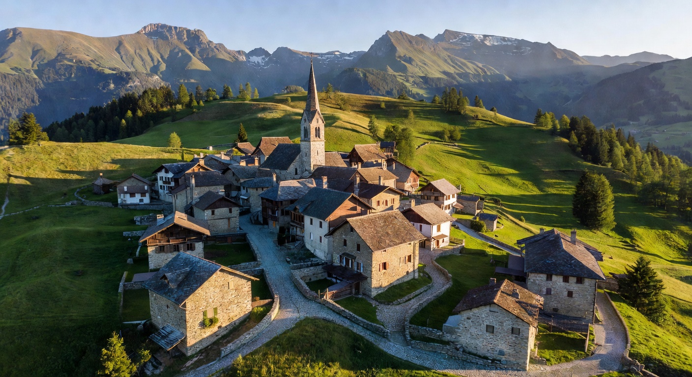 Vue panoramique sur les clochers des eglises de la paroisse Saint-Benoit du Guiers dans le paysage savoyard