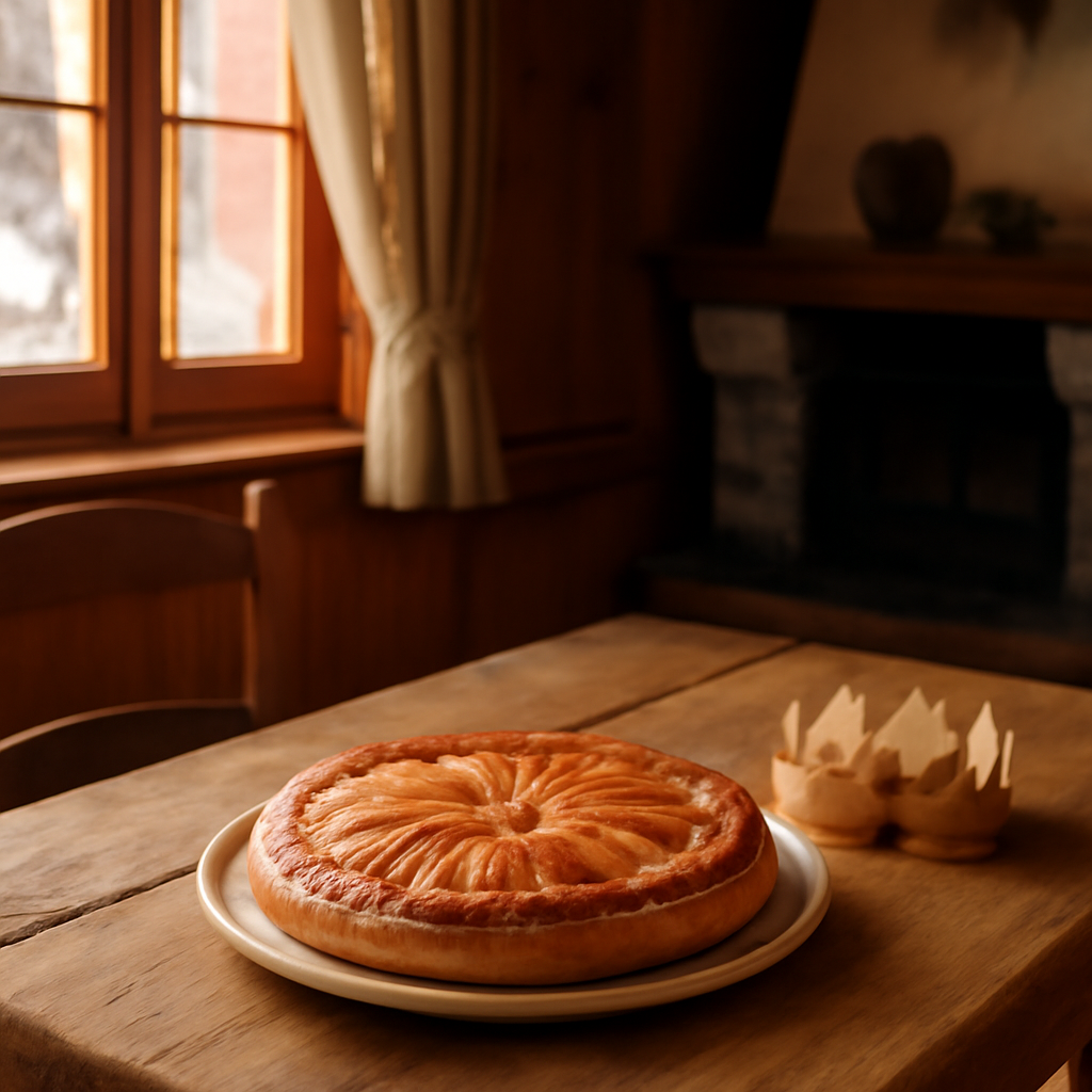 Galette des rois traditionnelle sur une table en bois avec une couronne en papier doré, lumière d'hiver dans un intérieur savoyard