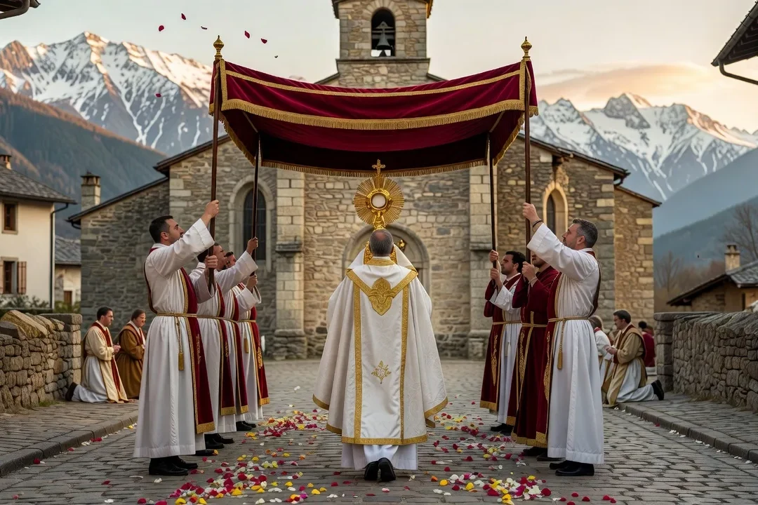 Ostensoir doré porté sous un dais lors d'une procession du Saint-Sacrement dans une rue de village fleurie