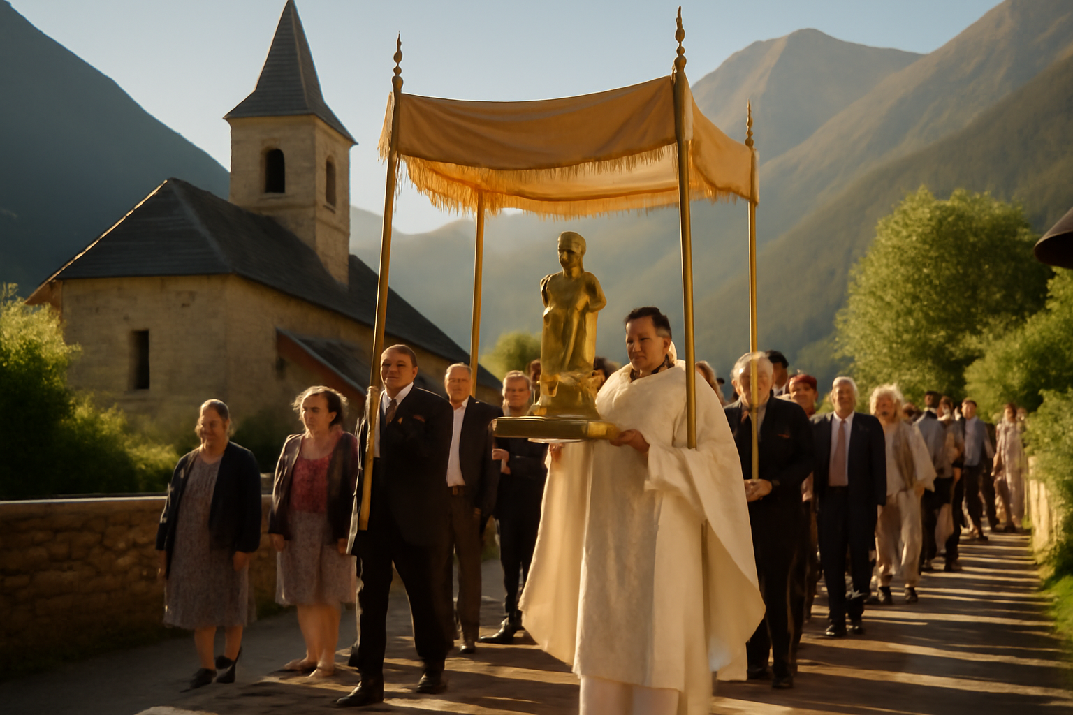 Procession d'été portant une statue de saint sous un dais devant une église de montagne savoyarde, fidèles en habits du dimanche