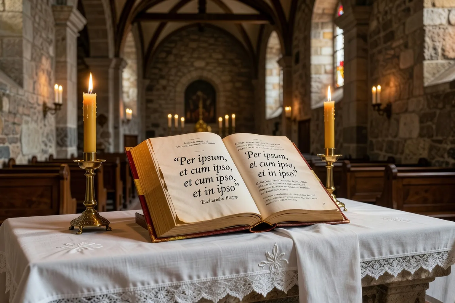 Missel ouvert sur l'autel d'une église savoyarde avec textes liturgiques de la messe, chandelles allumées