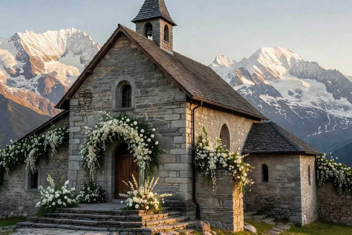 Église de montagne en Savoie decoree pour un mariage religieux avec vue sur les Alpes