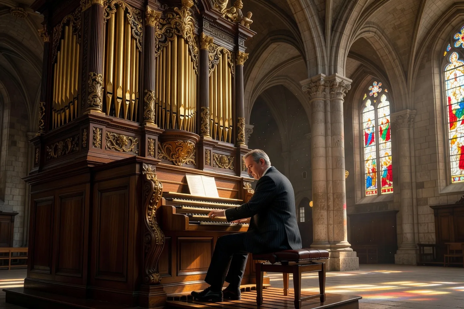 Organiste jouant sur un grand orgue baroque dans une cathédrale savoyarde, vitraux colorés, lumière dorée