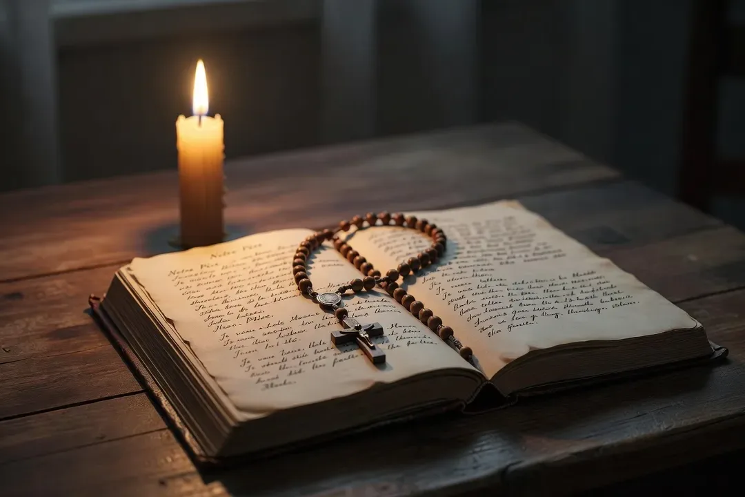 Bougie allumée et carnet de prière ouvert sur une table en bois, ambiance recueillie du soir