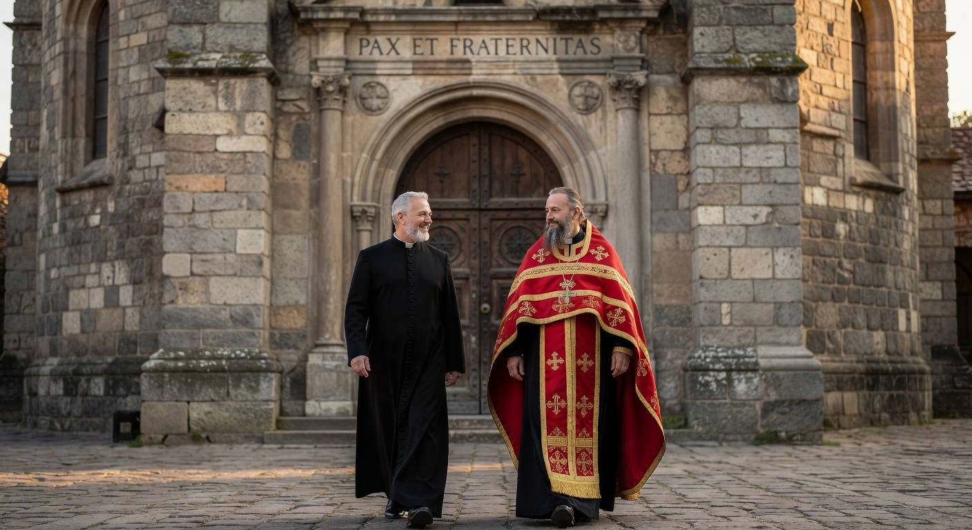 Interieur d'une eglise ou se rencontrent traditions catholique et orthodoxe, avec iconostase et vitraux