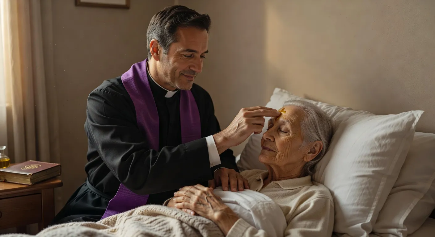 Prêtre avec huile sainte au chevet d'un malade
