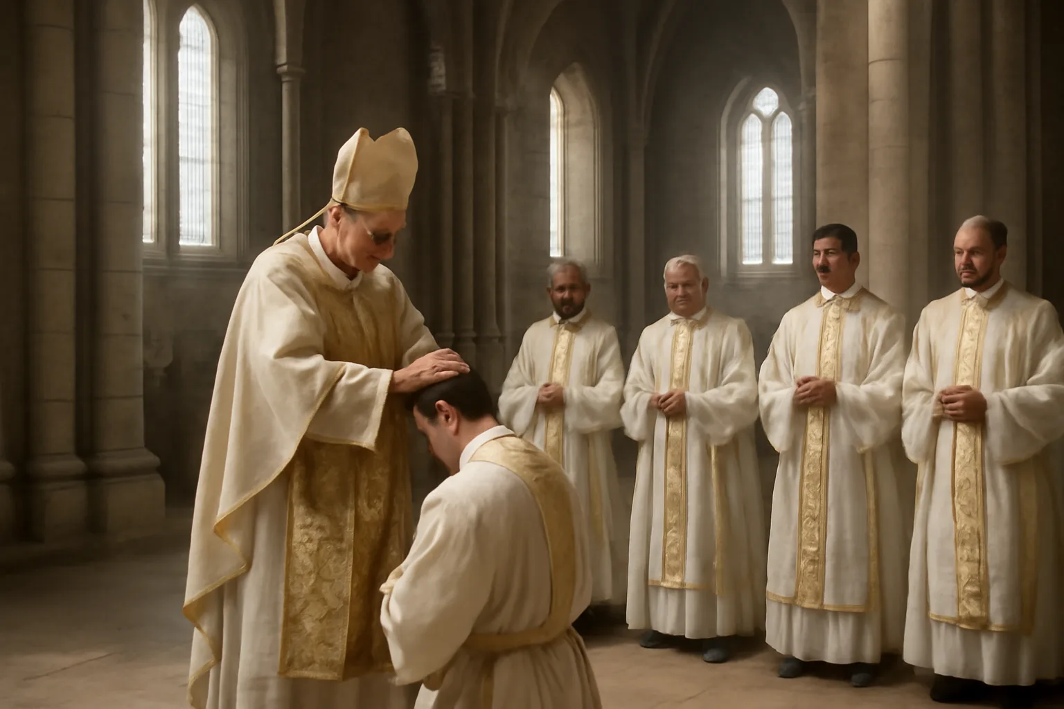 Évêque imposant les mains sur un candidat prosterné lors d'une cérémonie d'ordination sacerdotale dans une cathédrale