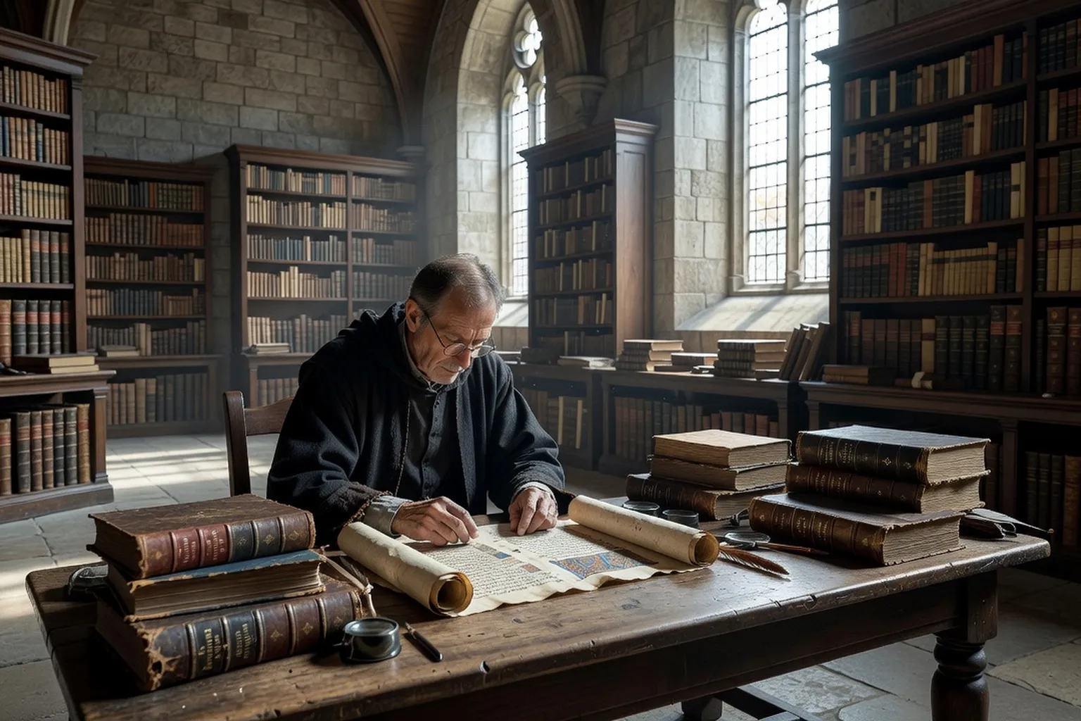 Archiviste consultant des manuscrits médiévaux dans une salle d'archives diocésaine, registres anciens, lumière gothique