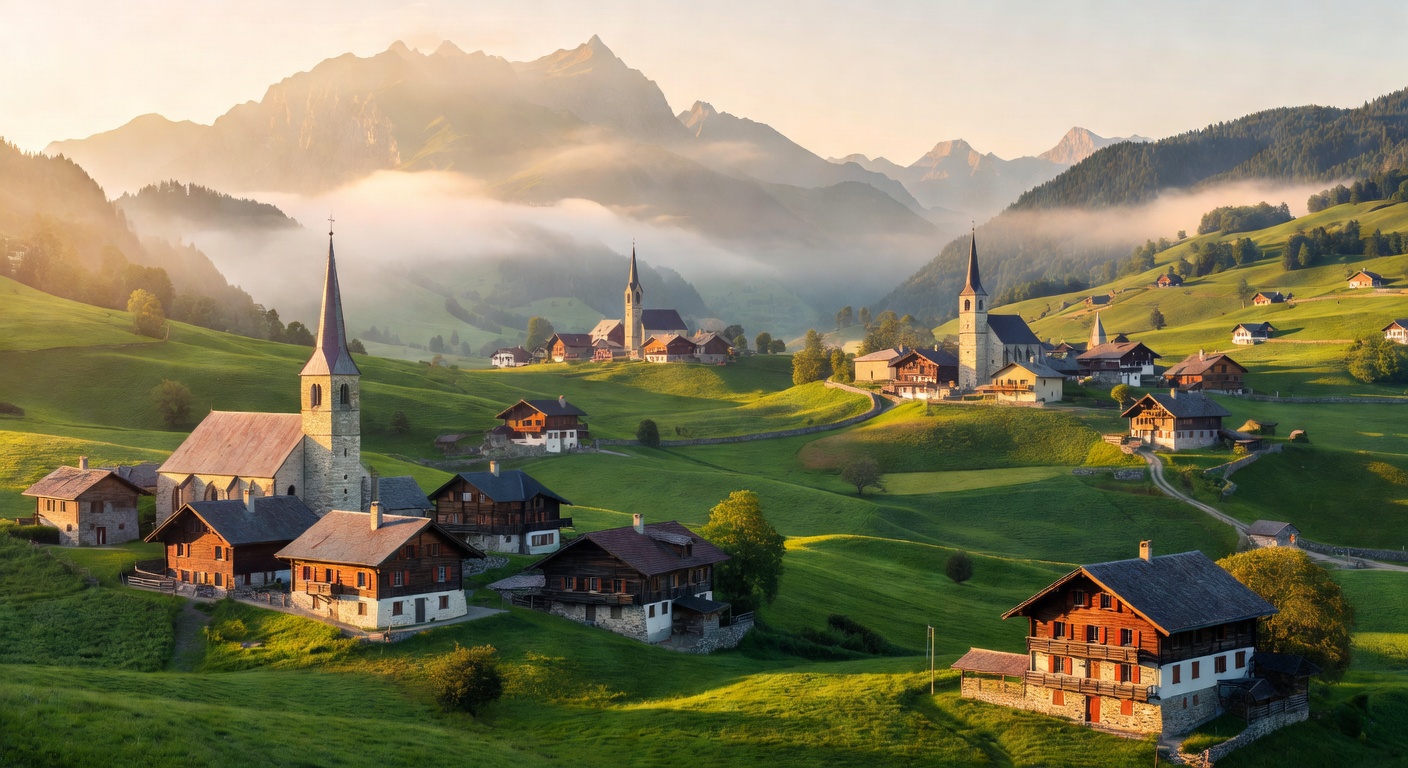 Vue panoramique sur une eglise romane de Savoie dans un paysage de montagne
