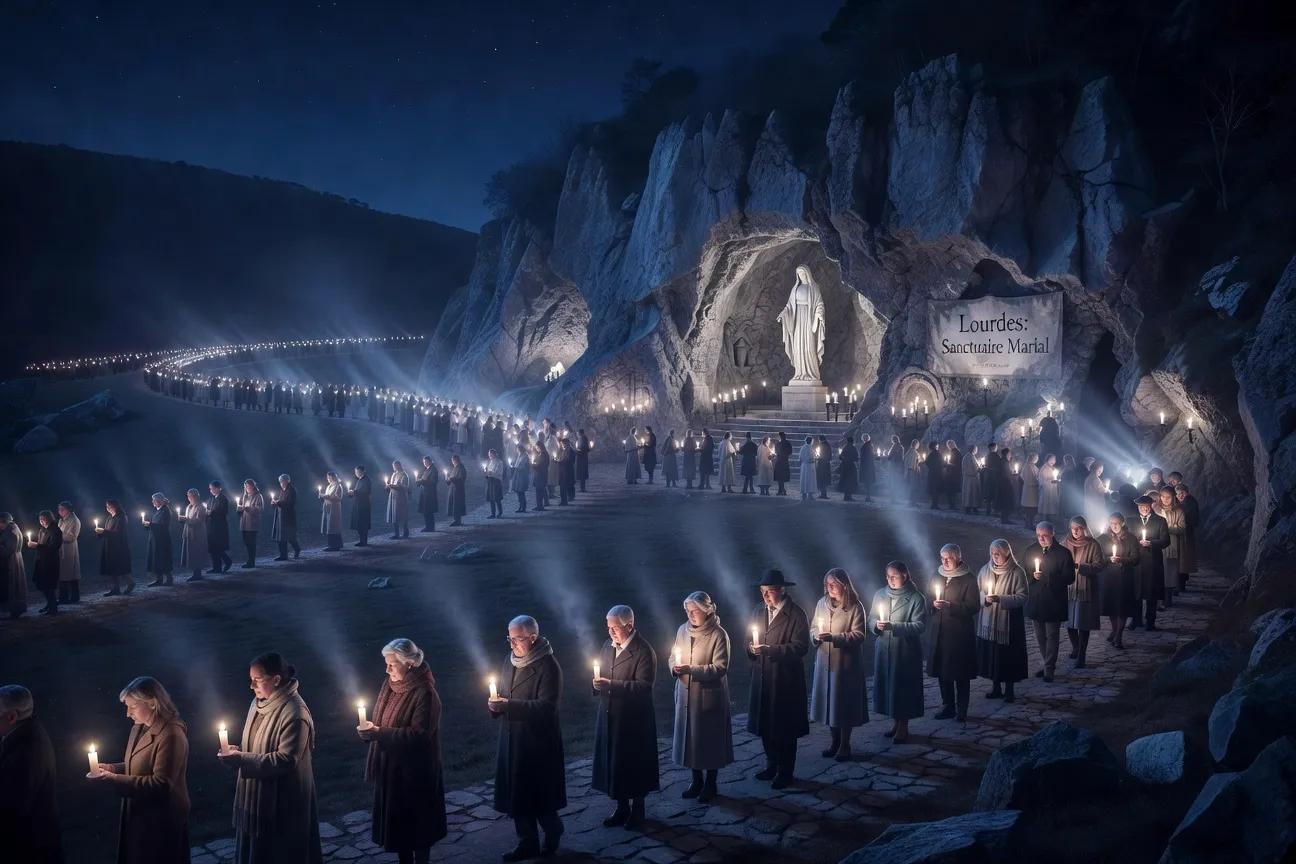 Procession aux flambeaux de pèlerins catholiques devant la grotte de Lourdes, atmosphère bleue et blanche, sanctuaire marial