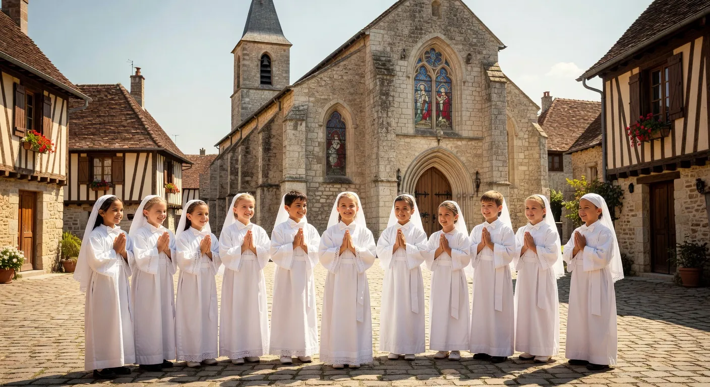 Enfants en aube blanche pour leur première communion