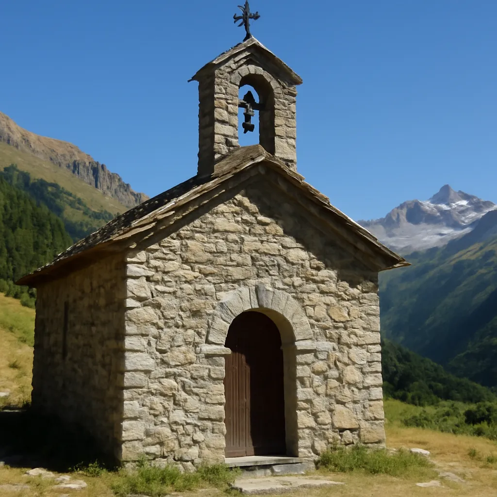 Petite chapelle de montagne isolée en Savoie avec reliquaire ancien, lumière douce filtrant par une fenêtre en ogive