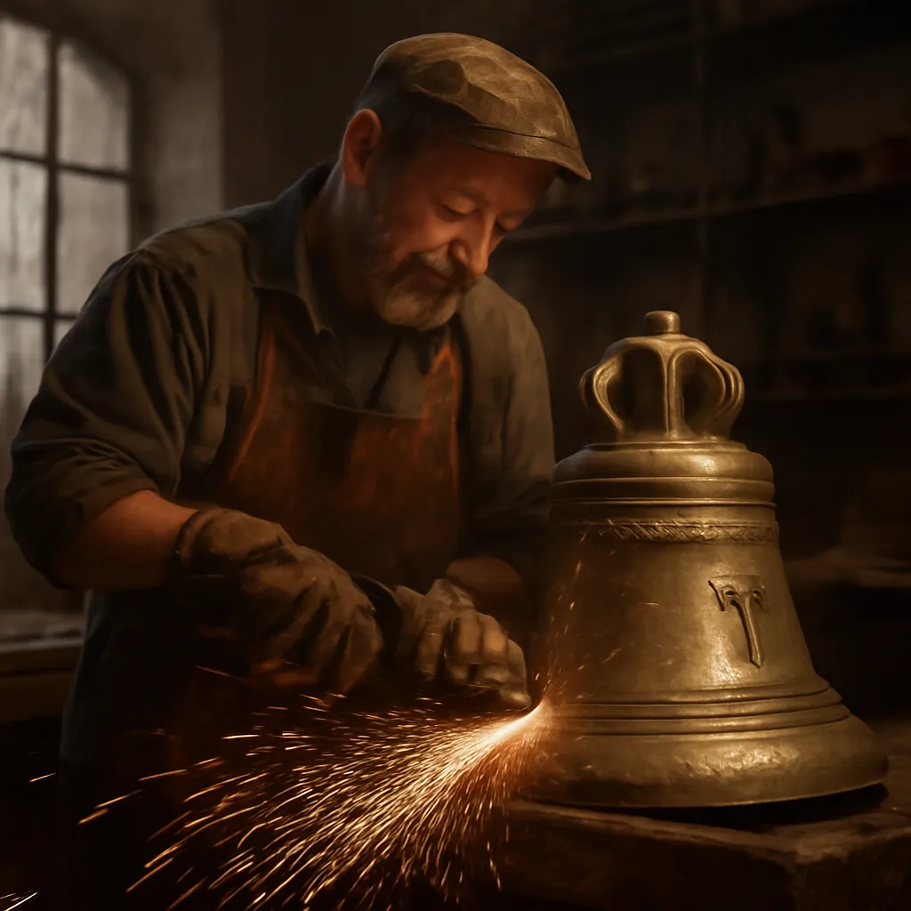 Maître fondeur de cloches en Savoie examinant une cloche de bronze ancienne dans un atelier de fonderie traditionnelle