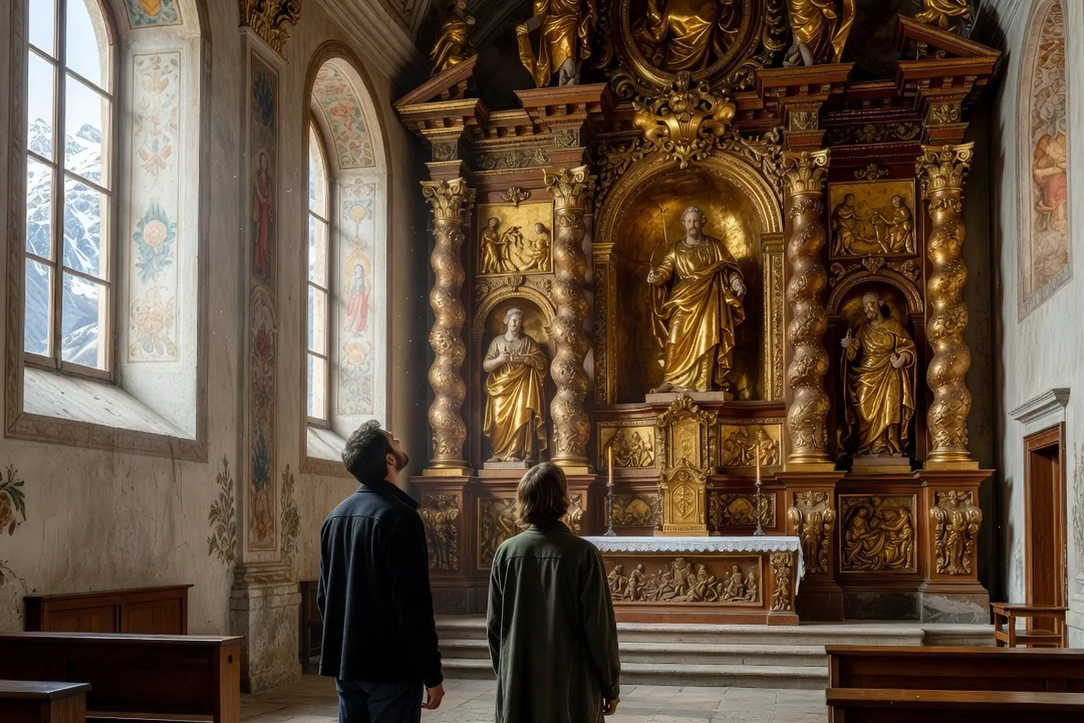 Retable baroque monumental en bois doré avec colonnes torses et statues dans une église alpine de Savoie, deux visiteurs admirant les sculptures