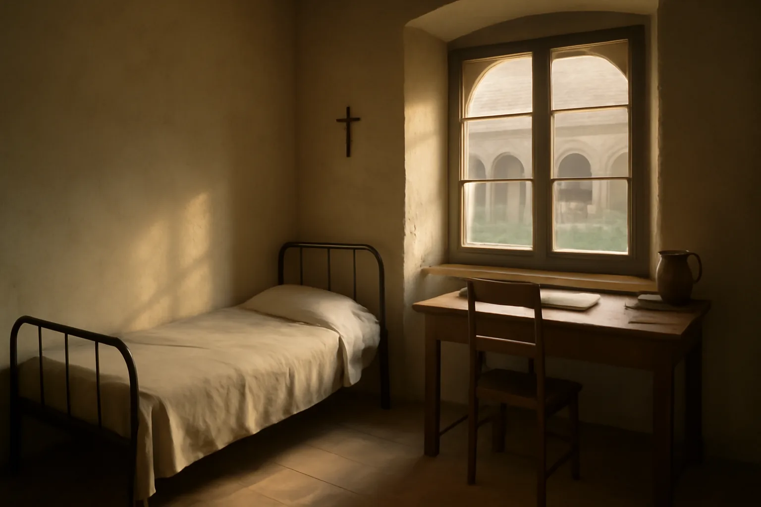 Chambre simple d'hôtellerie monastique avec vue sur un cloître d'abbaye, lumière douce du matin