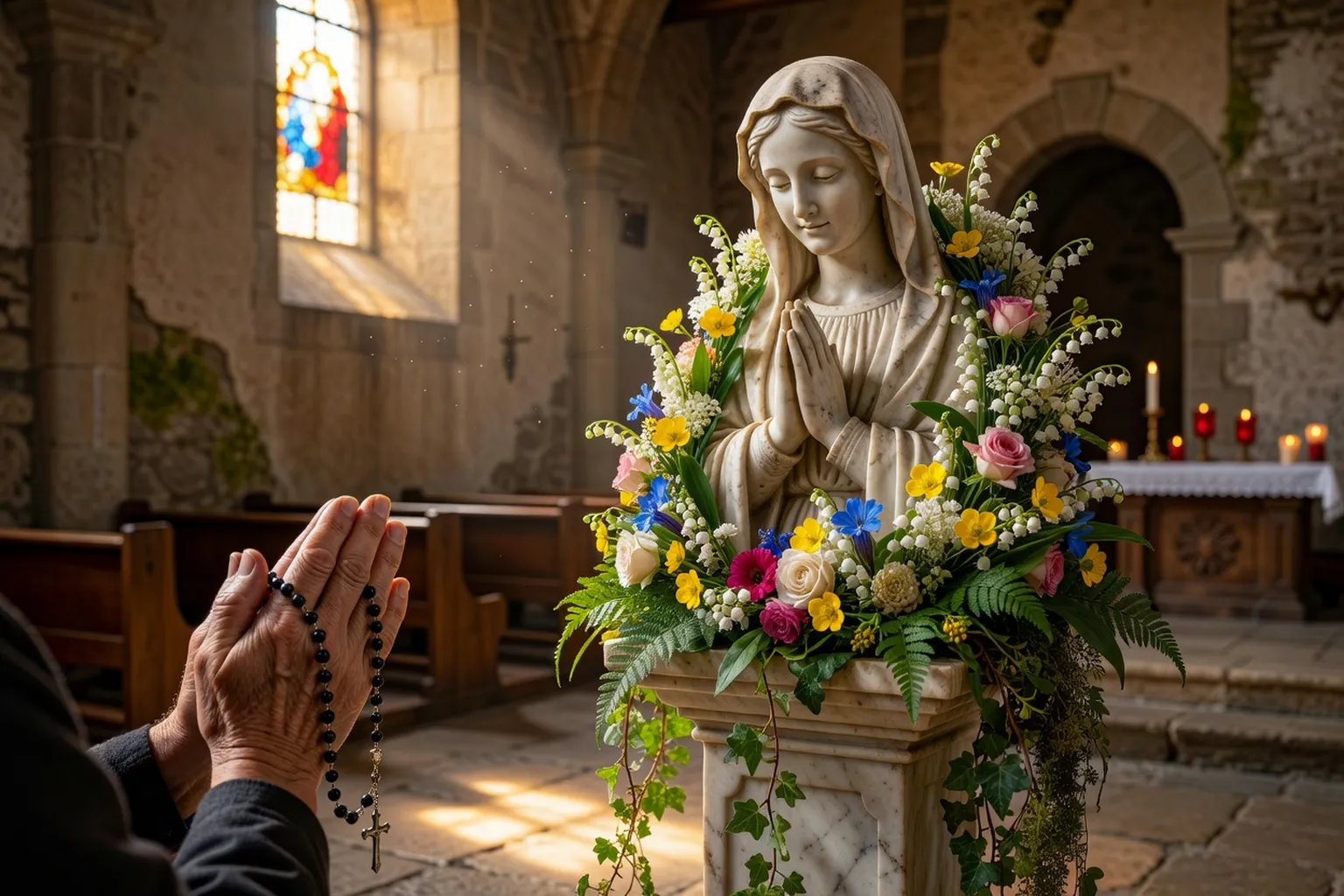 Chapelet en bois posé sur un livre de prière devant une statue de la Vierge Marie fleurie, chapelle savoyarde